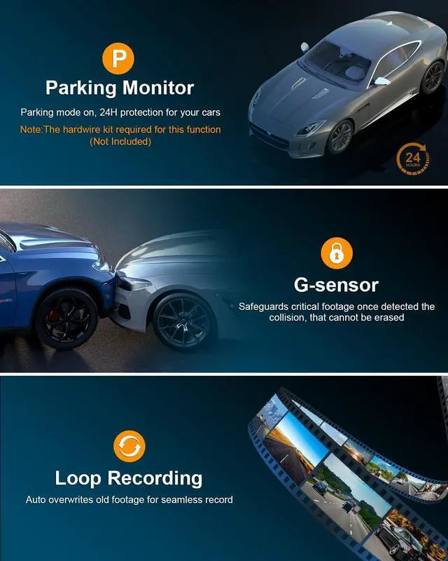 Alt view image 6 of 7 - Dash Cam Front 1080P with Free 64G SD Card Dash Camera for Cars,3" IPS Screen,176° Wide Angle,WDR,Night Vision,Parking Monitor,G-Sensor