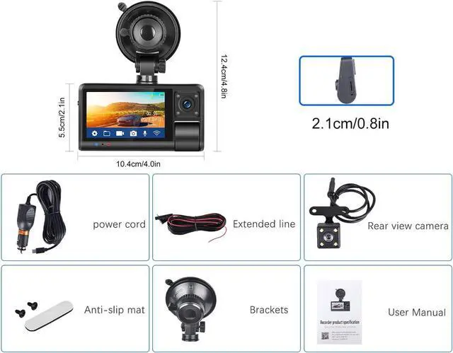 Alt view image 7 of 7 - 3 Channel Dash Cam Front and Rear Inside, 3 Inch 1080P Touch Screen Dash Camera for Cars Three Way Triple Car Camera with APP Control,IR Night Vision,Loop Recording, G-Sensor, 24H Parking Monitor