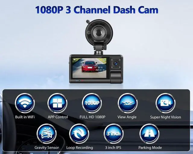 Alt view image 3 of 7 - 3 Channel Dash Cam Front and Rear Inside, 3 Inch 1080P Touch Screen Dash Camera for Cars Three Way Triple Car Camera with APP Control,IR Night Vision,Loop Recording, G-Sensor, 24H Parking Monitor