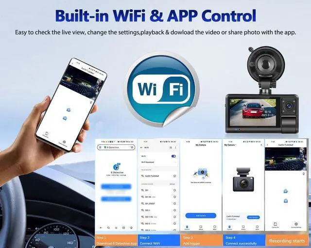 Alt view image 2 of 7 - 3 Channel Dash Cam Front and Rear Inside, 3 Inch 1080P Touch Screen Dash Camera for Cars Three Way Triple Car Camera with APP Control,IR Night Vision,Loop Recording, G-Sensor, 24H Parking Monitor