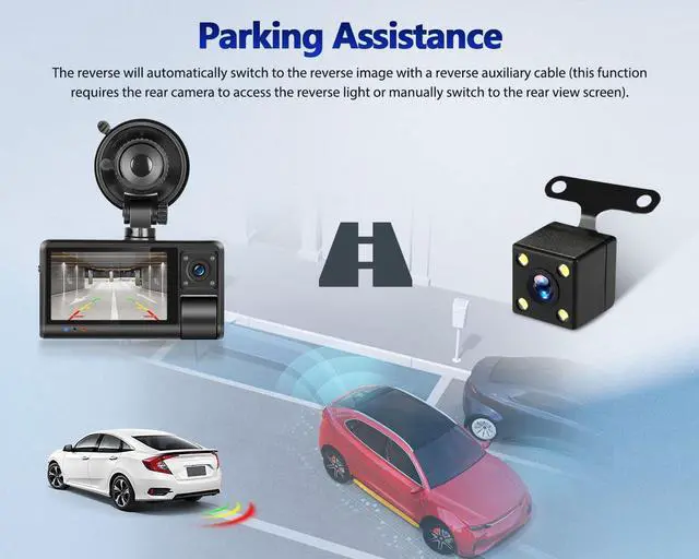 Alt view image 6 of 7 - 3 Channel Dash Cam Front and Rear Inside, 3 Inch 1080P Touch Screen Dash Camera for Cars Three Way Triple Car Camera with APP Control,IR Night Vision,Loop Recording, G-Sensor, 24H Parking Monitor