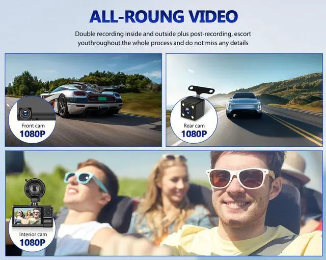 Alt view image 4 of 7 - 3 Channel Dash Cam Front and Rear Inside, 3 Inch 1080P Touch Screen Dash Camera for Cars Three Way Triple Car Camera with APP Control,IR Night Vision,Loop Recording, G-Sensor, 24H Parking Monitor