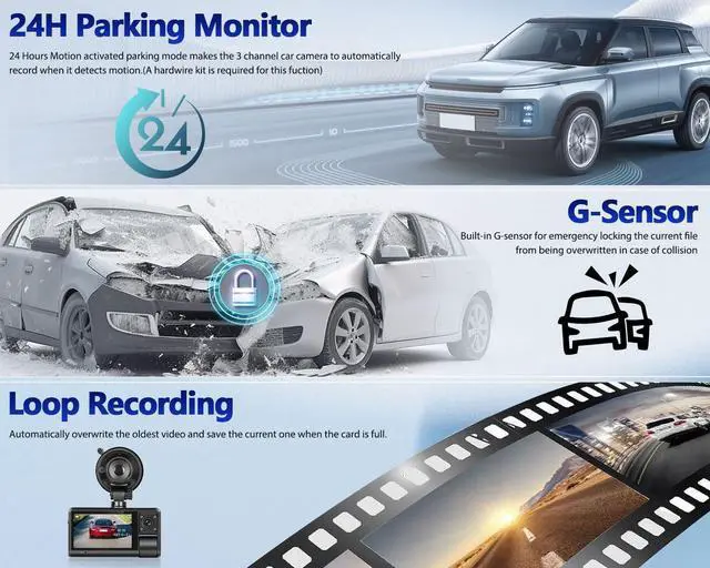 Alt view image 5 of 7 - 3 Channel Dash Cam Front and Rear Inside, 3 Inch 1080P Touch Screen Dash Camera for Cars Three Way Triple Car Camera with APP Control,IR Night Vision,Loop Recording, G-Sensor, 24H Parking Monitor