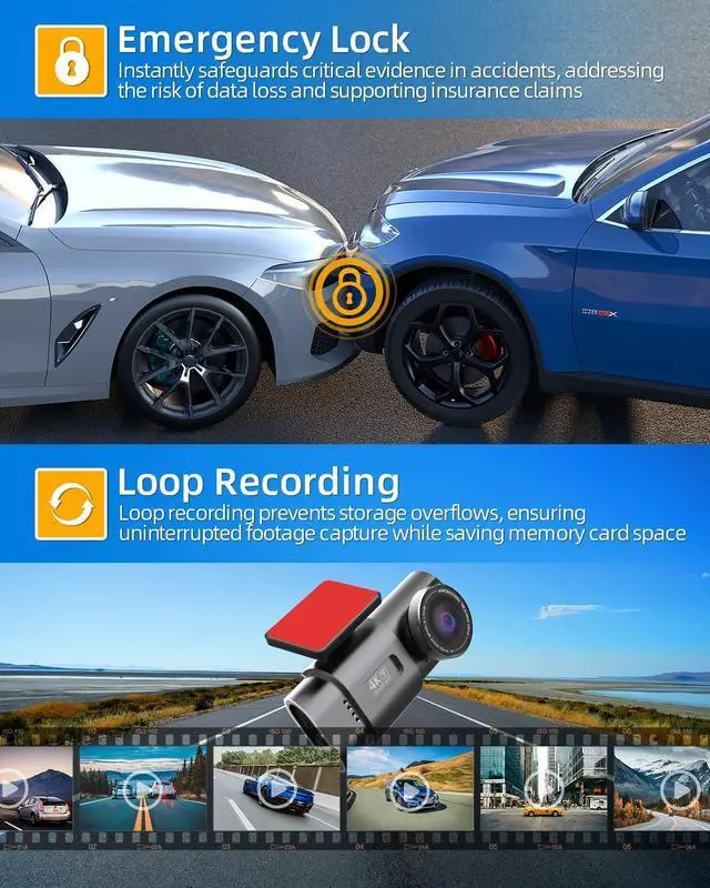 Alt view image 5 of 6 - Dash Cam 4K UHD Front and 1080P Rear with Free 64GB SD Card 2160P WiFi Car Camera Dual Dashcam for Cars,Smart App Control,WDR,Super Night Vision,Parking Mode,G-Sensor,Loop Recording,Support 256GB Max