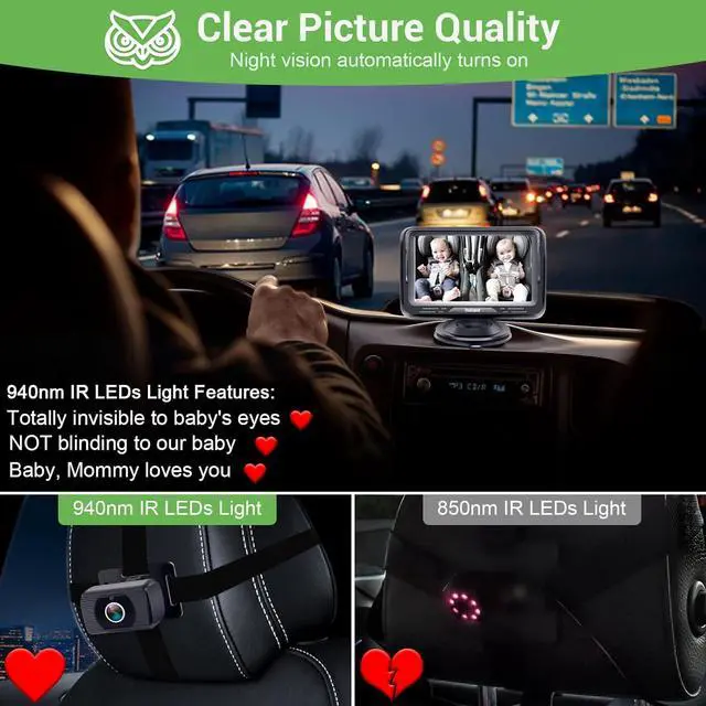 Alt view image 6 of 7 - Baby Car Camera Ease Installation: Eye Protection Clear Night Vision 360° Rotation Stability Backseat Camera for 2 Kids HD 1080P Car Baby Monitor with Infant Carseat Camera Rear Facing -Rohent N06