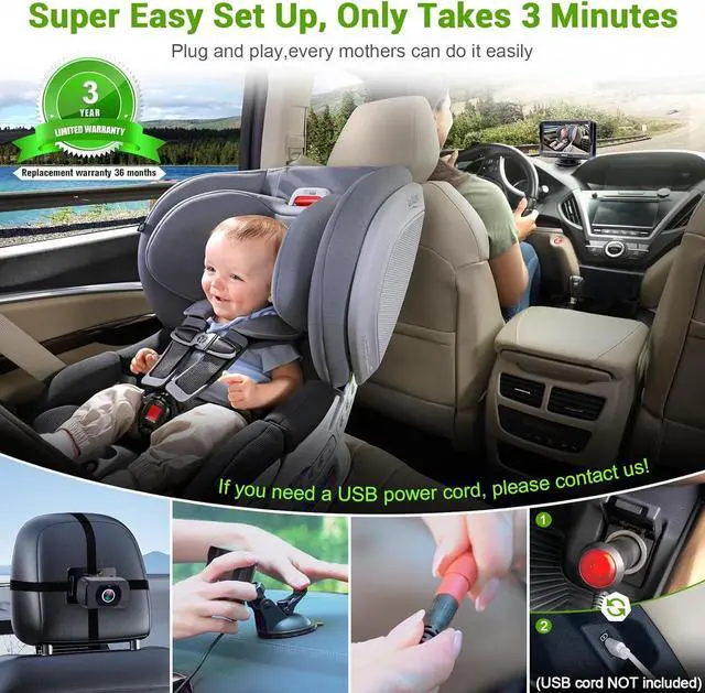 Alt view image 2 of 7 - Baby Car Camera Ease Installation: Eye Protection Clear Night Vision 360° Rotation Stability Backseat Camera for 2 Kids HD 1080P Car Baby Monitor with Infant Carseat Camera Rear Facing -Rohent N06