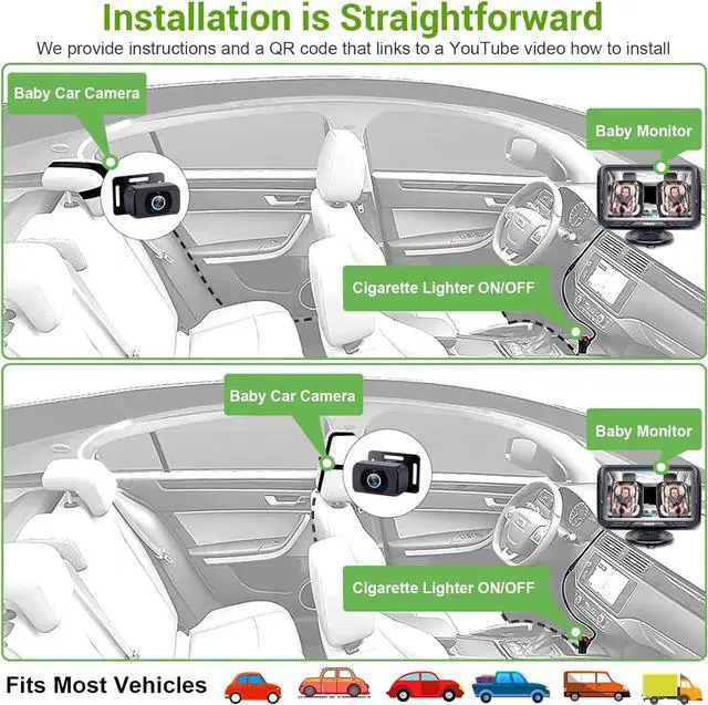 Alt view image 4 of 7 - Baby Car Camera Ease Installation: Eye Protection Clear Night Vision 360° Rotation Stability Backseat Camera for 2 Kids HD 1080P Car Baby Monitor with Infant Carseat Camera Rear Facing -Rohent N06