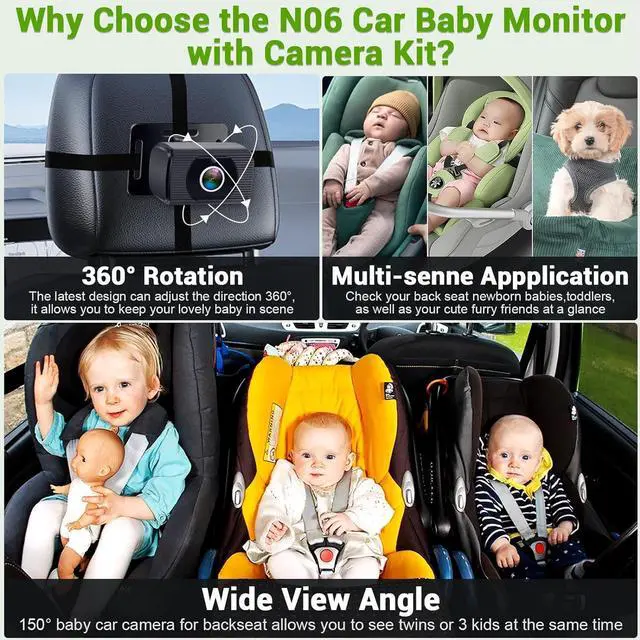 Alt view image 3 of 7 - Baby Car Camera Ease Installation: Eye Protection Clear Night Vision 360° Rotation Stability Backseat Camera for 2 Kids HD 1080P Car Baby Monitor with Infant Carseat Camera Rear Facing -Rohent N06