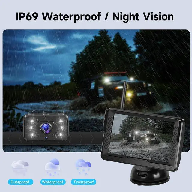 Alt view image 2 of 7 - Rimoody Wireless Backup Camera for Car with 5 Inch IPS Monitor - Plug and Play for Trucks, RVs, SUVs - AHD License Plate Rear View Camera - IP69 Waterproof Night Vision - Wireless Signal - Wide Angle