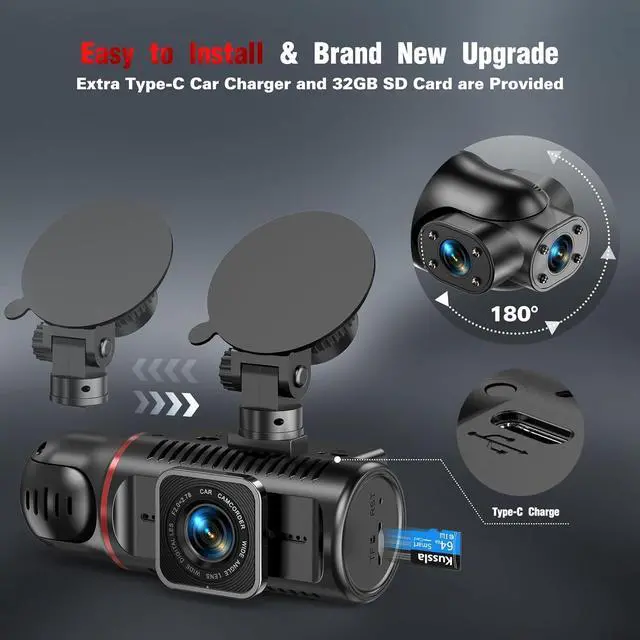 Alt view image 6 of 6 - 3 Channel Dash Cam Front and Rear Inside, Kussla FHD 1080P Dash Camera for Cars with SD Card, Rotatable Dashcams for Cars with Super Night Vision, Loop Recording, G-Sensor, WDR, Motion Detection