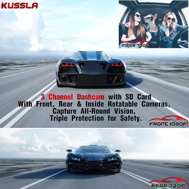 Alt view image 4 of 6 - 3 Channel Dash Cam Front and Rear Inside, Kussla FHD 1080P Dash Camera for Cars with SD Card, Rotatable Dashcams for Cars with Super Night Vision, Loop Recording, G-Sensor, WDR, Motion Detection
