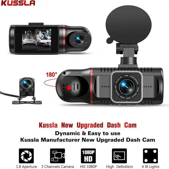 Alt view image 2 of 6 - 3 Channel Dash Cam Front and Rear Inside, Kussla FHD 1080P Dash Camera for Cars with SD Card, Rotatable Dashcams for Cars with Super Night Vision, Loop Recording, G-Sensor, WDR, Motion Detection