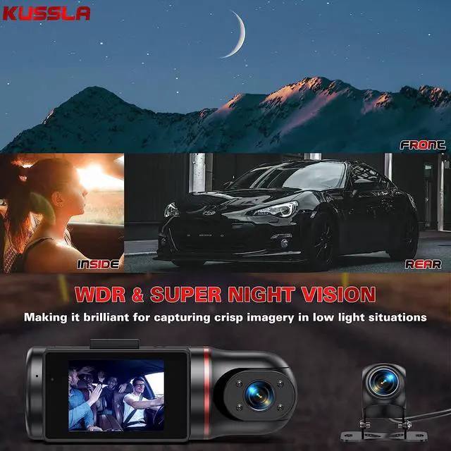 Alt view image 5 of 6 - 3 Channel Dash Cam Front and Rear Inside, Kussla FHD 1080P Dash Camera for Cars with SD Card, Rotatable Dashcams for Cars with Super Night Vision, Loop Recording, G-Sensor, WDR, Motion Detection