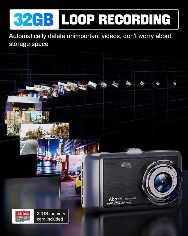 Alt view image 3 of 7 - ABASK Dash Cam Front Rear Camera with 32G SD Card 1080P FHD Dual Car Camera 4'' IPS dashcams for car with Night Vision 170° Wide Angle WDR G-Sensor Parking Monitor Loop Recording Motion Detector