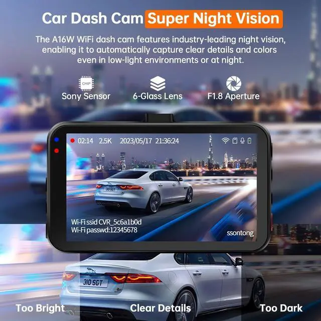 Alt view image 2 of 7 - Dash Cam with 128GB Card WiFi/APP Control Dash Cam Front Dash Cameras, Dashcams for Cars W/Night Vision Car Camera 2.5K Dashboard Camera W/170°Wide Angle, G-Sensor,Parking Monitor, Max Support 256GB