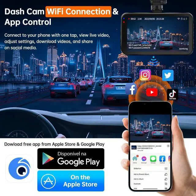 Alt view image 4 of 7 - Dash Cam with 128GB Card WiFi/APP Control Dash Cam Front Dash Cameras, Dashcams for Cars W/Night Vision Car Camera 2.5K Dashboard Camera W/170°Wide Angle, G-Sensor,Parking Monitor, Max Support 256GB