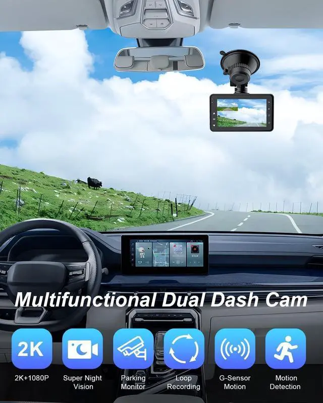 Alt view image 5 of 6 - Dash Cam Front and Rear Camera 2K+1080P Car Camera, 3Inch Screen Dash Camera for Cars, Dashcam with Free 64GB Card, Enhanced Night Vision, 170°Wide Angle, G-Sensor, 24H Parking Mode