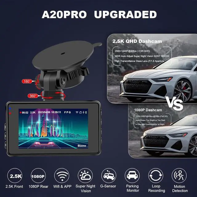 Alt view image 2 of 7 - Dash Cam Front and Rear, Dash Camera for Cars WiFi/APP Control Car Camera Dash Cam with 64G Card 2.5K Front Dash Cam+1080P Rear Dashcams with Super Night Vision, Loop Recording, G-Sensor Car Camera