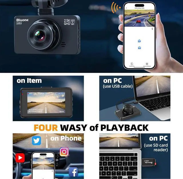 Alt view image 6 of 7 - Dash Cam Front and Rear, Dash Camera for Cars WiFi/APP Control Car Camera Dash Cam with 64G Card 2.5K Front Dash Cam+1080P Rear Dashcams with Super Night Vision, Loop Recording, G-Sensor Car Camera