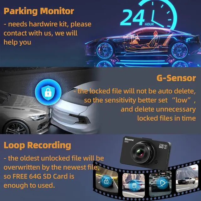 Alt view image 4 of 7 - Dash Cam Front and Rear, Dash Camera for Cars WiFi/APP Control Car Camera Dash Cam with 64G Card 2.5K Front Dash Cam+1080P Rear Dashcams with Super Night Vision, Loop Recording, G-Sensor Car Camera