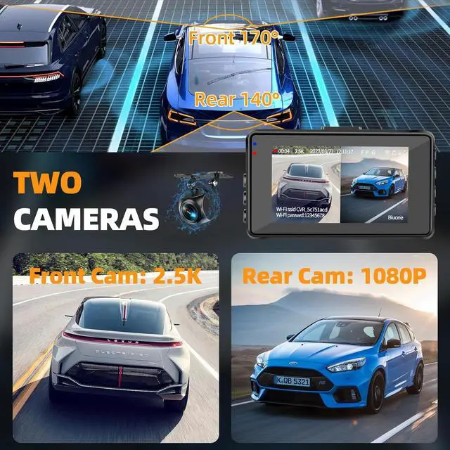 Alt view image 3 of 7 - Dash Cam Front and Rear, Dash Camera for Cars WiFi/APP Control Car Camera Dash Cam with 64G Card 2.5K Front Dash Cam+1080P Rear Dashcams with Super Night Vision, Loop Recording, G-Sensor Car Camera