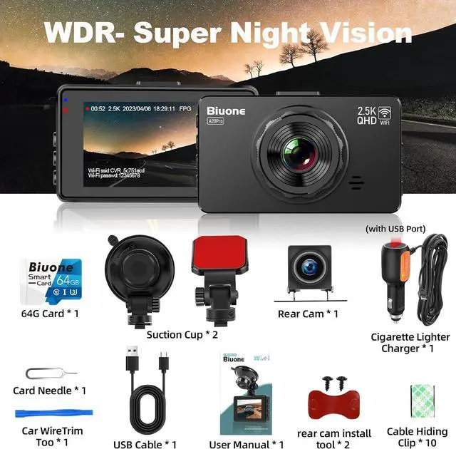 Alt view image 5 of 7 - Dash Cam Front and Rear, Dash Camera for Cars WiFi/APP Control Car Camera Dash Cam with 64G Card 2.5K Front Dash Cam+1080P Rear Dashcams with Super Night Vision, Loop Recording, G-Sensor Car Camera