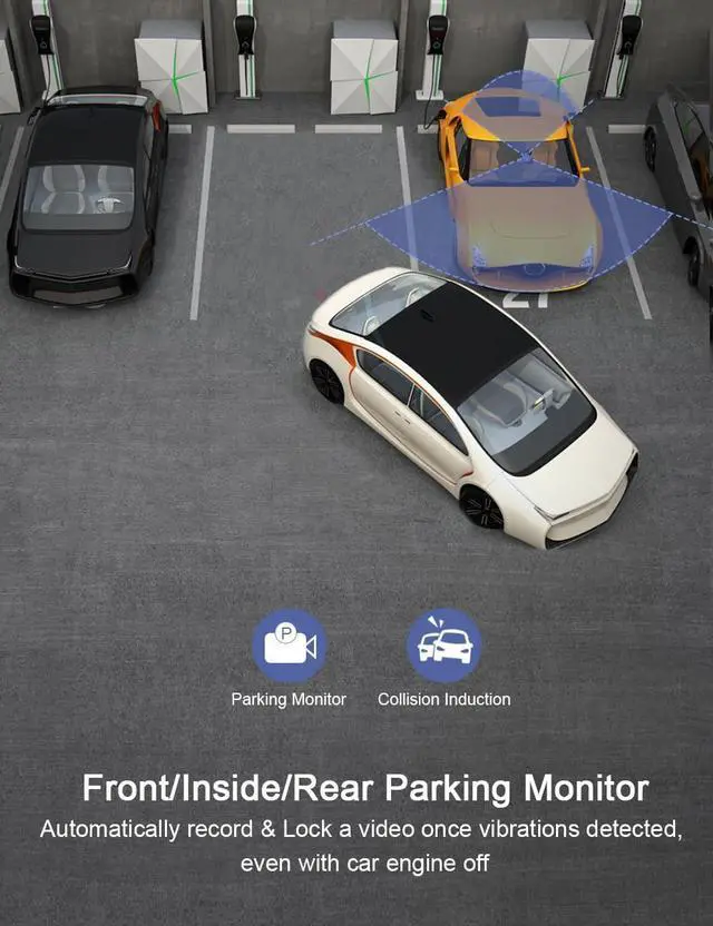 Alt view image 2 of 7 - 3 Channel Dash Cam Front and Rear Inside Dash Camera for Cars 2K+1080P+1080P, 3 Way Triple Dashcam with Infrared Night Vision Parking Monitor for Truck and Taxi Driver