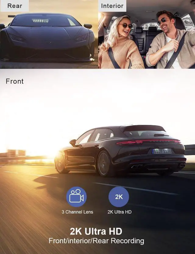 Alt view image 4 of 7 - 3 Channel Dash Cam Front and Rear Inside Dash Camera for Cars 2K+1080P+1080P, 3 Way Triple Dashcam with Infrared Night Vision Parking Monitor for Truck and Taxi Driver