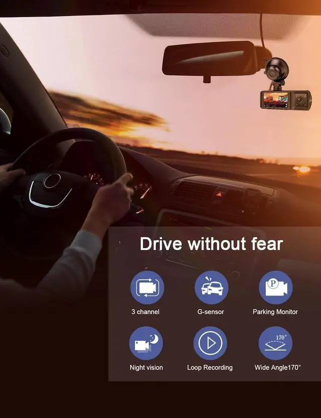 Alt view image 3 of 7 - 3 Channel Dash Cam Front and Rear Inside Dash Camera for Cars 2K+1080P+1080P, 3 Way Triple Dashcam with Infrared Night Vision Parking Monitor for Truck and Taxi Driver