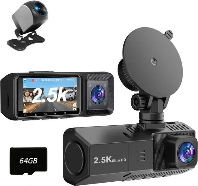Main image of 3 Channel Dash Cam Front and Rear Inside Dash Camera for Cars 2K+1080P+1080P, 3 Way Triple Dashcam with Infrared Night Vision Parking Monitor for Truck and Taxi Driver