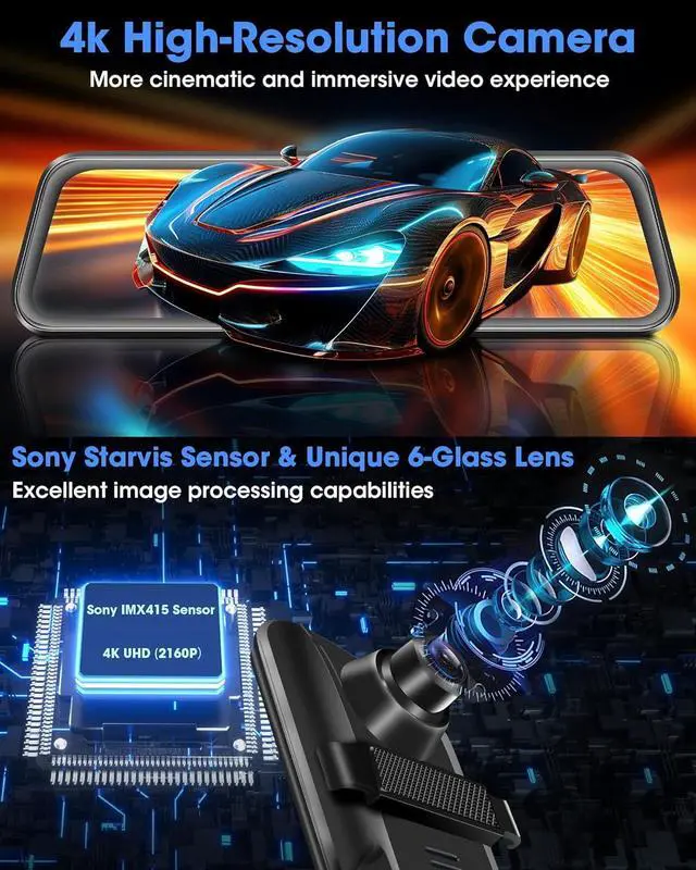 Alt view image 4 of 7 - 2024 Upgrade 4K Rear View Mirror Camera 2160P UHD 10" Mirror Dash Cam with 64G SD Card Front and Rear Mirror Backup Camera for Car w Adjustable Reverse Line Night Vision 24H Parking Monitor