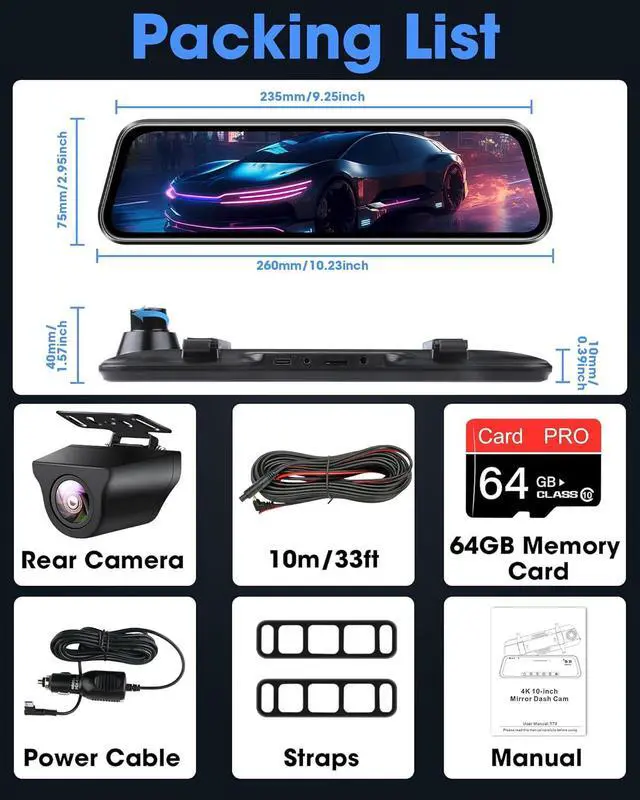 Alt view image 7 of 7 - 2024 Upgrade 4K Rear View Mirror Camera 2160P UHD 10" Mirror Dash Cam with 64G SD Card Front and Rear Mirror Backup Camera for Car w Adjustable Reverse Line Night Vision 24H Parking Monitor