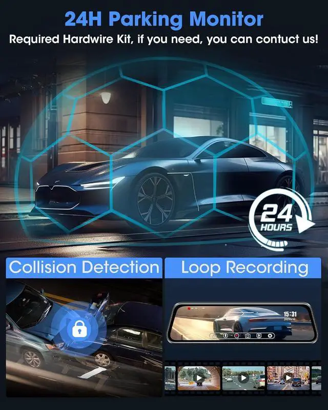 Alt view image 5 of 7 - 2024 Upgrade 4K Rear View Mirror Camera 2160P UHD 10" Mirror Dash Cam with 64G SD Card Front and Rear Mirror Backup Camera for Car w Adjustable Reverse Line Night Vision 24H Parking Monitor