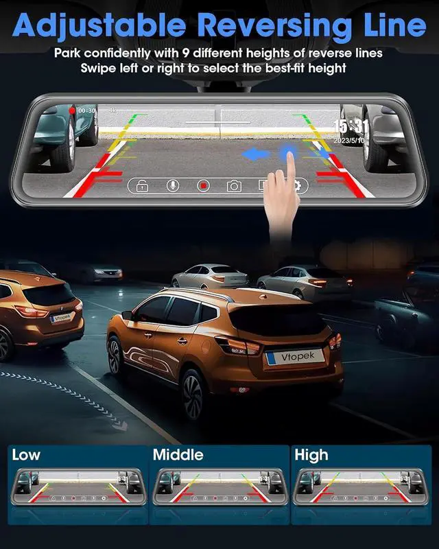 Alt view image 3 of 7 - 2024 Upgrade 4K Rear View Mirror Camera 2160P UHD 10" Mirror Dash Cam with 64G SD Card Front and Rear Mirror Backup Camera for Car w Adjustable Reverse Line Night Vision 24H Parking Monitor