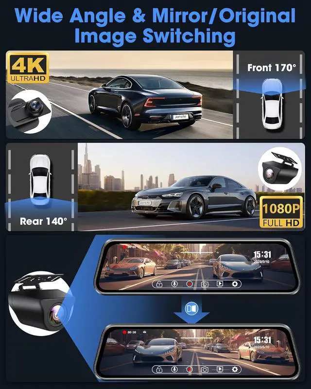 Alt view image 2 of 7 - 2024 Upgrade 4K Rear View Mirror Camera 2160P UHD 10" Mirror Dash Cam with 64G SD Card Front and Rear Mirror Backup Camera for Car w Adjustable Reverse Line Night Vision 24H Parking Monitor