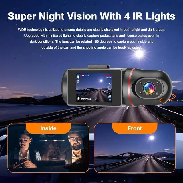 Alt view image 7 of 7 - Dash Cam Front and Inside, Dual Dash Camera for Cars Free 64GB Card Dashcams Front Cabin Camera 1080P Front Dash Cam+1080P Inside Dashcam for Car Dash Camera with IR Night Vision Loop Recording