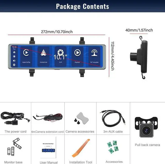 Alt view image 7 of 7 - 11.26 inch Portable Bluetooth Mirror Dash Cam with Apple Carplay/Android Auto Car Stereo Reversing Monitor Kit Vehicle Backup Camera 2 Split Screen/Bluetooth/DVR Loop Recording/Voice Control DC7V-32V