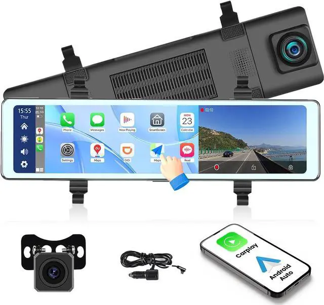 Main image of 11.26 inch Portable Bluetooth Mirror Dash Cam with Apple Carplay/Android Auto Car Stereo Reversing Monitor Kit Vehicle Backup Camera 2 Split Screen/Bluetooth/DVR Loop Recording/Voice Control DC7V-32V