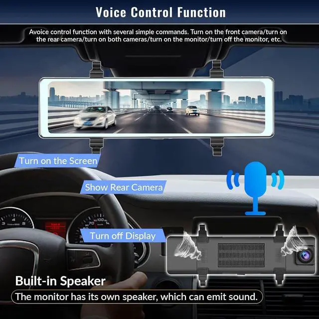 Alt view image 2 of 7 - 11.26 inch Portable Bluetooth Mirror Dash Cam with Apple Carplay/Android Auto Car Stereo Reversing Monitor Kit Vehicle Backup Camera 2 Split Screen/Bluetooth/DVR Loop Recording/Voice Control DC7V-32V