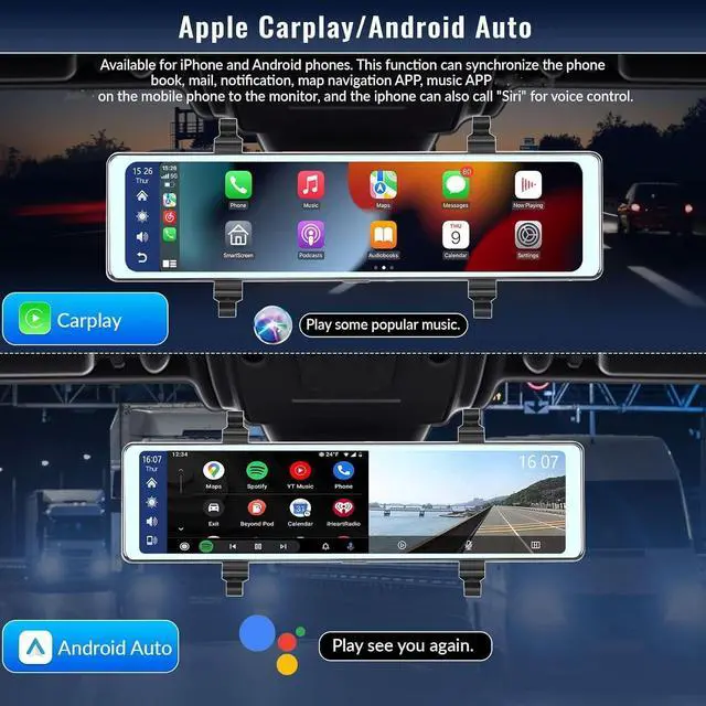 Alt view image 5 of 7 - 11.26 inch Portable Bluetooth Mirror Dash Cam with Apple Carplay/Android Auto Car Stereo Reversing Monitor Kit Vehicle Backup Camera 2 Split Screen/Bluetooth/DVR Loop Recording/Voice Control DC7V-32V