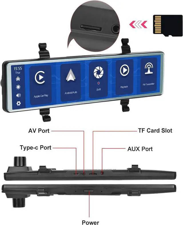 Alt view image 6 of 7 - 11.26 inch Portable Bluetooth Mirror Dash Cam with Apple Carplay/Android Auto Car Stereo Reversing Monitor Kit Vehicle Backup Camera 2 Split Screen/Bluetooth/DVR Loop Recording/Voice Control DC7V-32V