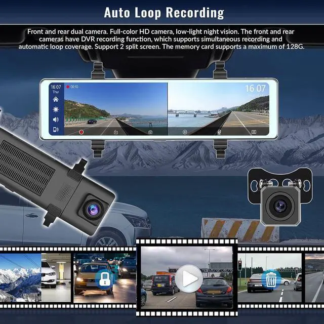 Alt view image 4 of 7 - 11.26 inch Portable Bluetooth Mirror Dash Cam with Apple Carplay/Android Auto Car Stereo Reversing Monitor Kit Vehicle Backup Camera 2 Split Screen/Bluetooth/DVR Loop Recording/Voice Control DC7V-32V