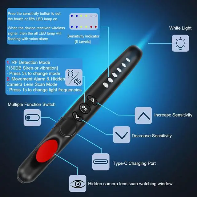 Alt view image 6 of 6 - TINYAIR Hidden Camera Detectors, Pro Anti Spy Detector, Bug Detector, Privacy Protector, 6 Levels Sensitivity, 3 Professional Modes,25H Working Time, Listening Device Detector, RF Signal Detector