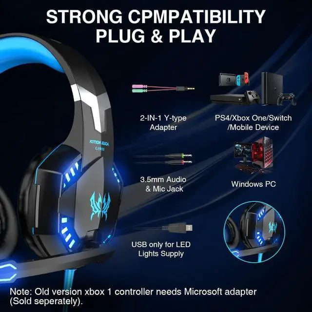 Alt view image 2 of 7 - VersionTECH. Gaming Headset for PS4 / PS5 Xbox One PC, G2000 Gaming Headphones with Mic, LED Lights, Noise Reduction, Stereo Bass Surround for Laptop, Mac, Tablet, Mobile Games