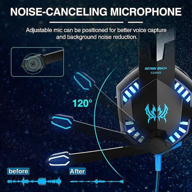 Alt view image 4 of 7 - VersionTECH. Gaming Headset for PS4 / PS5 Xbox One PC, G2000 Gaming Headphones with Mic, LED Lights, Noise Reduction, Stereo Bass Surround for Laptop, Mac, Tablet, Mobile Games