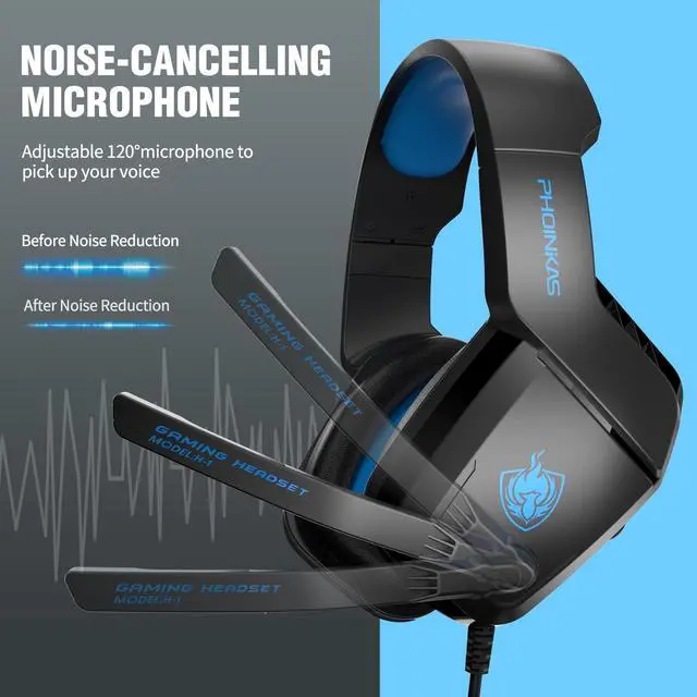 Alt view image 3 of 7 - PHOINIKAS Gaming Headset, PS5 Headset for PS4, Xbox One, PC, Laptop, Nintendo Switch, Over Ear Headphones Noise-Cancelling Mic, Bass Surround, Gift for Kids - Blue