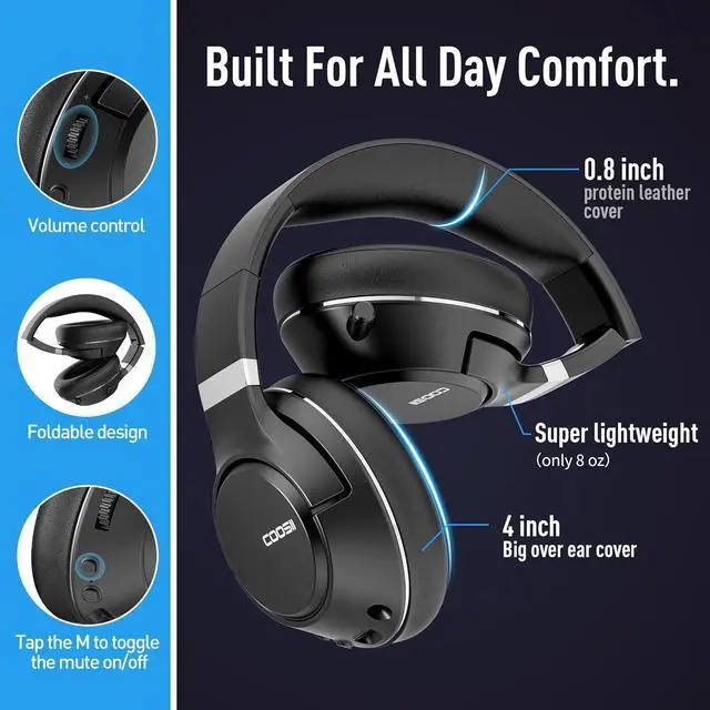 Alt view image 3 of 7 - COOSII Wireless Headphones with Microphone, 40H Playtime Bluetooth Over Ear Headset with Retractable Mic, USB Dongle for Gaming, Office, Smartphones, Computer