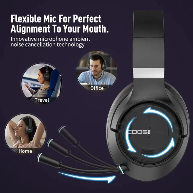 Alt view image 7 of 7 - COOSII Wireless Headphones with Microphone, 40H Playtime Bluetooth Over Ear Headset with Retractable Mic, USB Dongle for Gaming, Office, Smartphones, Computer