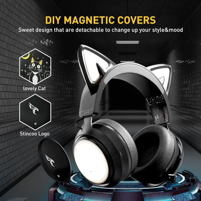 Alt view image 2 of 7 - SOMIC GS510 Gaming Headset, Cat Ear Headset PC Gaming Headphones with Retractable Mic Noise Cancelling, 7.1 Stereo Sound, DIY Face Covers for PC, PS4, PS5, Black