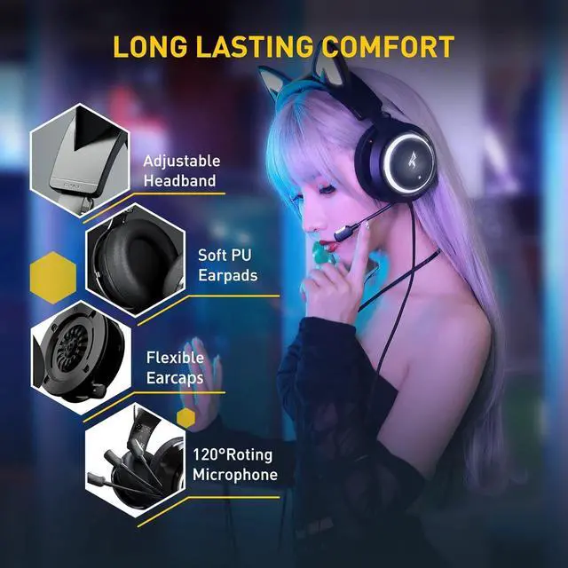 Alt view image 4 of 7 - SOMIC GS510 Gaming Headset, Cat Ear Headset PC Gaming Headphones with Retractable Mic Noise Cancelling, 7.1 Stereo Sound, DIY Face Covers for PC, PS4, PS5, Black